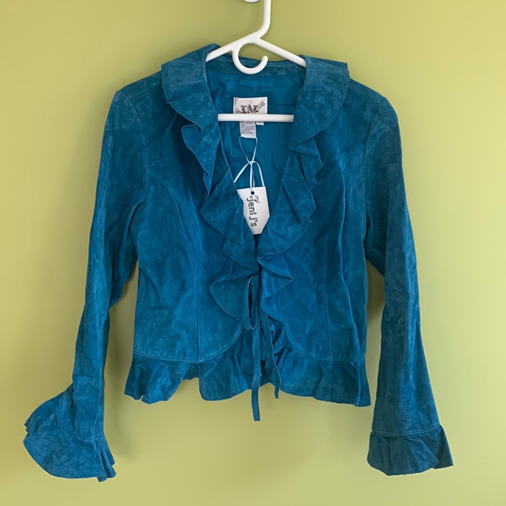 NWT Live A Little turquoise suede jacket. Ruffled details and fully lined.